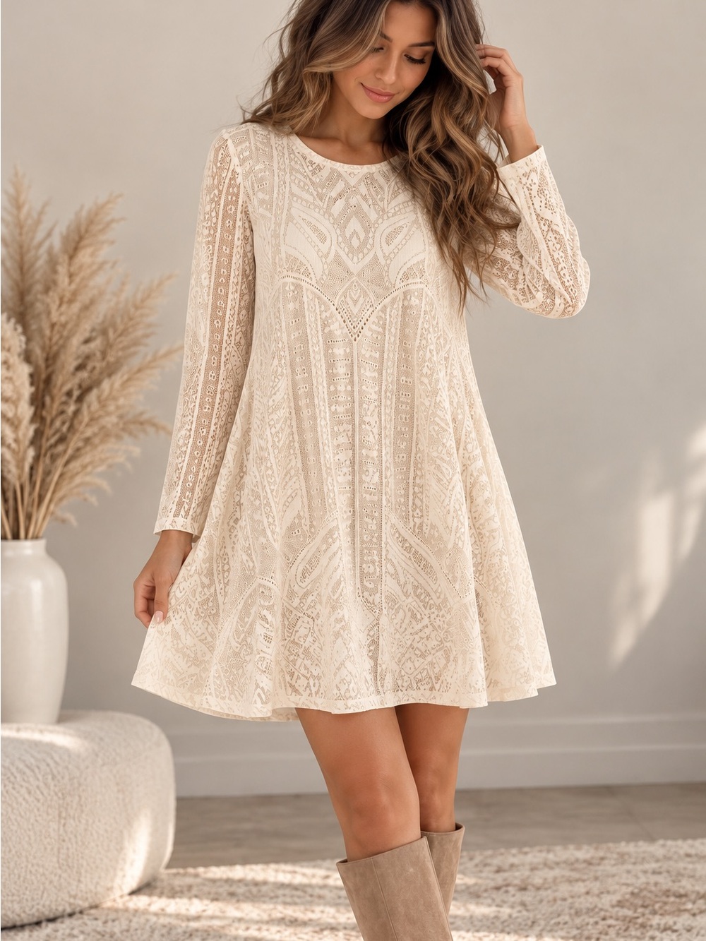BCBGMAXAZRIA Natyly Cream Lace Long Sleeve Swing Dress L
